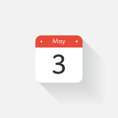 Calendar Icon with long shadow. Flat style. Date,day and month. Reminder. Vector illustration. Organizer application, app symbol. Ui. User interface sign. May. 3