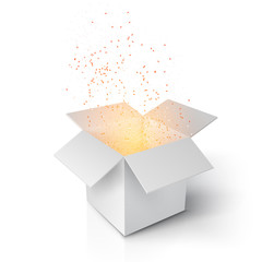 Illustration of Realistic Magic Open Box. Grey Magic Box with Confetti and Magic Light. Magic Gift Box Isolated on White Background
