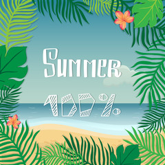 Fototapeta na wymiar Hello summer. Vector summer illustration hand lettering. The leaves of palm trees and tropical flowers on a background of the sea coast.