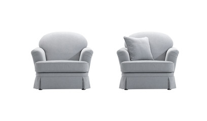 Grey armchairs with and without pillow, isolated with clipping mask.
