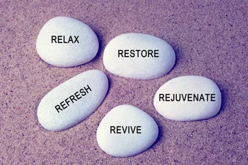 Peel and stick wall murals Spa Wellness, spa and beauty concept - Relax, restore, refresh, rejuvenate and revive text on zen stones retro style background