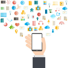 Smart phone and cloud technology with social network icons backg