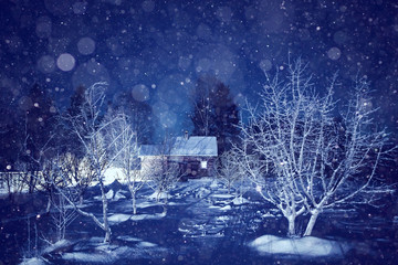 Winter night landscape village small house
