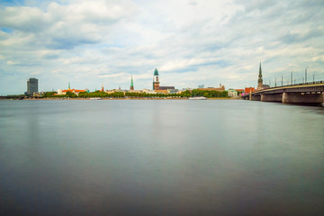 View on riga city over still river