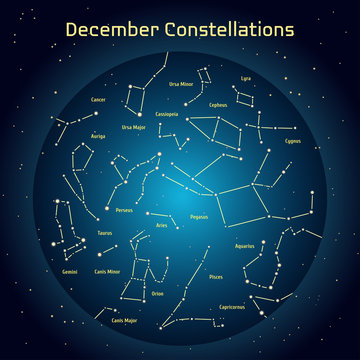 Vector illustration of the constellations of the night sky in Desember. Glowing a dark blue circle with stars in space Design elements relating to astronomy and astrology