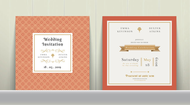 Art Deco Wedding Invitation Card in Gold and Orange