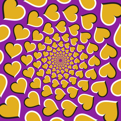Optical illusion background. Golden hearts are moving circularly from the center on purple background. Golden hearts background.