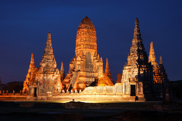 Light up, Wat Chaiwattanaram , the historical temple in Ayutthaya, Thailand