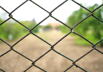View through steel wire fence. Tiny garden in a Romanian village