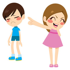Evil little girl bullying poor sad boy kid pointing finger laughing and mocking