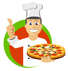 Cartoon chefs cooking, holding tray with pizza