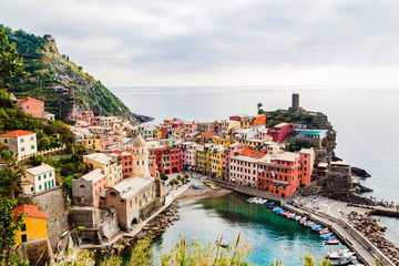 Panoramic view of Vernazza in Cinque terre, Liguria, Italy.