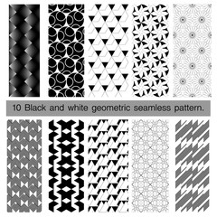 Collection of black and white geometric seamless pattern.