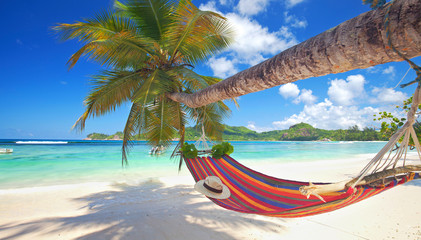 Plakat Urlaub am Meer, Inselparadies Seychellen mit Hängematte am Strand