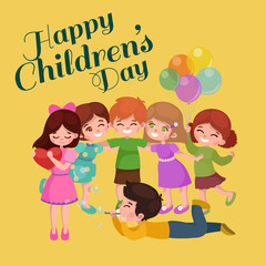 Vector illustration kids playing, greeting card happy childrens day background