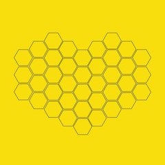 Honeycomb set in shape of heart. Beehive element. Honey icon. Isolated. Yellow background. Flat design.
