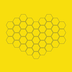 Honeycomb set in shape of heart. Beehive element. Honey icon. Isolated. Yellow background. Flat design.