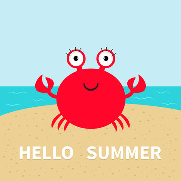 Crab on the beach. Sea ocean, sky, sand. Cute cartoon baby character. Sea ocean animal collection. Hello summer Greeting card. Flat design.