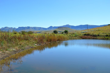 Naklejka na ściany i meble Drakensberg mountains with grass and pond