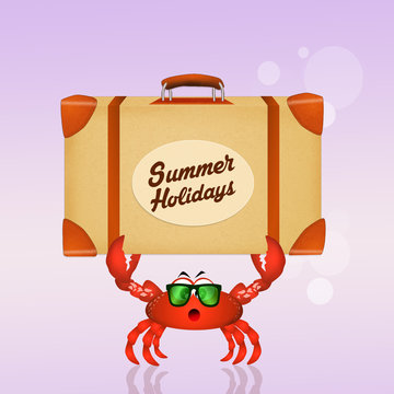 crab with luggage for the summer holidays