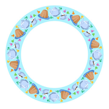 Round frame with objects for tea. Tea, cup, candy and pudding are arranged in a circle on a turquoise background.