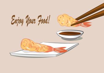 vector illustration of Japanese food deep fried shrimps with sauce (Tempura). eps 10
