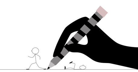 Stick figure running from hand with pencil.