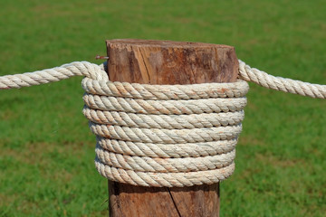 Close up the rope tired in wooden pole with green grass backgrou