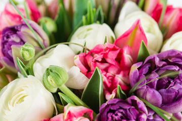 Fototapeta premium close-up of beautiful delicate bouquet (peony, tulip, buttercup)