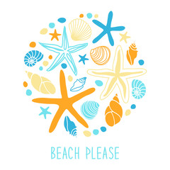 Cute vintage background with hand drawn shells and starfishes and hand written text for your decoration