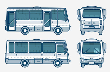 bus front, side, back view line style