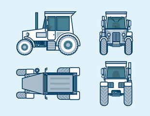 tractor top, front, side, back view line style