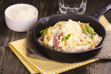 Pasta with bacon, chicken, parmesan and scrambled egg