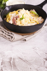 Pasta with bacon, chicken, parmesan and scrambled egg