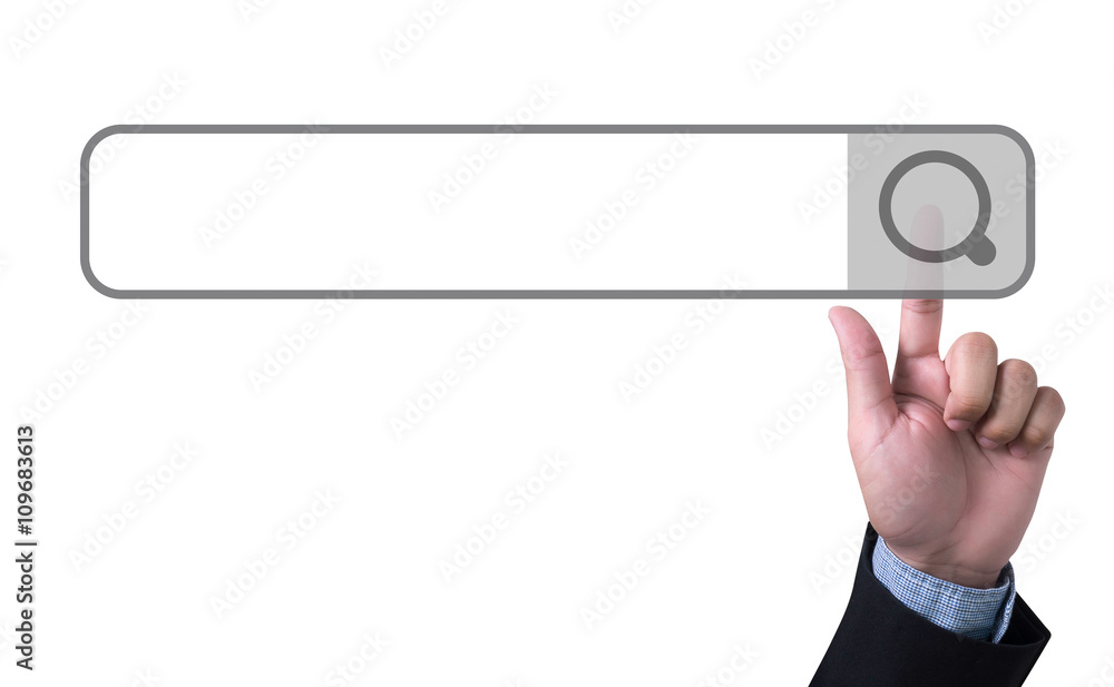 Aufkleber man pushing (touching) virtual web browser address bar or search