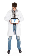 Doctor holding tablet - Caduceus symbol