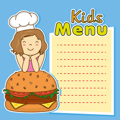 girl with hamburger. space for text