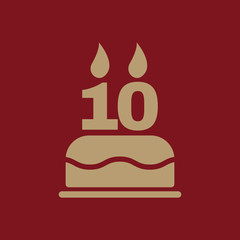 The birthday cake with candles in the form of number 10 icon. Birthday symbol. Flat