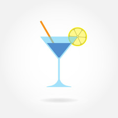 Cocktail icon or sign. Colorful Martini glass with lemon and drinking straw isolated on white backround. Vector illustration.