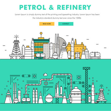 Modern petrol industry thin block line flat color icons and composition with gas station technology  and development gasoline program