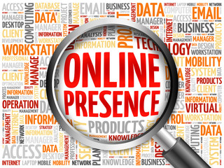 Online Presence word cloud with magnifying glass, business concept