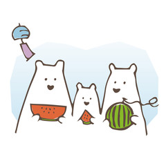 スイカを食べる白くまの親子