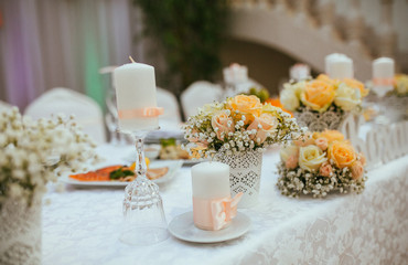 decorated wedding table in the restaurant