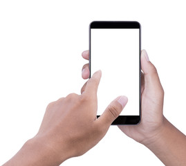 Hand holding and touch smartphone with blank screen on white background