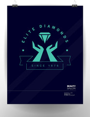 Vector flat jewelry logo isolated on black background. Diamond shop, crystal store brand mark. Accessory store, jewel business insignia. Advertisement design. Poster, placard, card, leaflet.