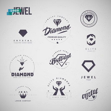 Vector flat jewelry logo isolated on white background. Diamond shop, crystal store brand mark. Accessory store, jewel business insignia. Hand written font. 