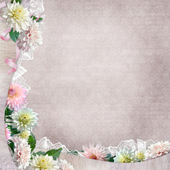 Beautiful border with flowers, lace on vintage background 