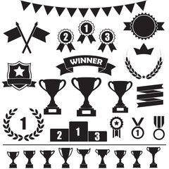 Trophy and awards icon set: laurel wreath, winning trophy cup, crown, medals, pedestal, flags, ribbons. Vector illustration isolated on white background.