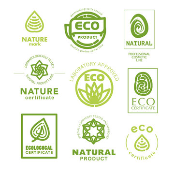 Vector flat eco product emblem set. Ecological cosmetic sign. Eco badge. Finger stamp. Natural product line. Nature certificate quality. Leaf, flower icon. Natural cosmetics. Eco friendly logo. 