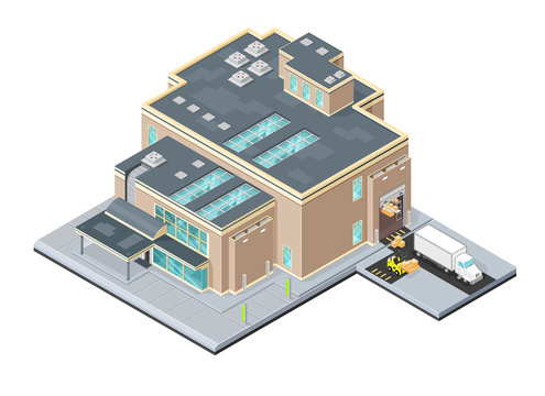 Isometric Vector Illustration icon of Distribution warehouse factory.
Manufacture of goods with delivery truck - Goods delivery distribution concept.